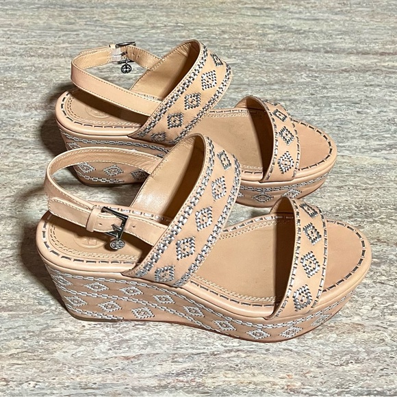 Tory Burch Natural Vachetta Ankle Strap Wedge Calf Leather Sandals - Picture 5 of 16